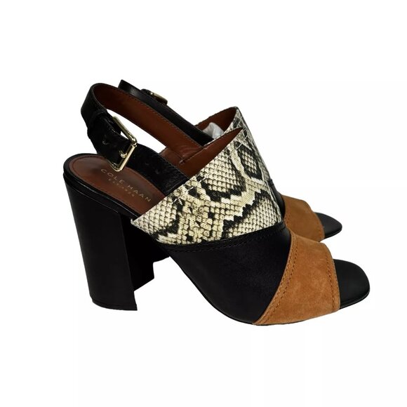 Cole Haan Roccia Snake Black Tabby High Heel Peep Toe Slingback Sandal Size 10B - Picture 5 of 16